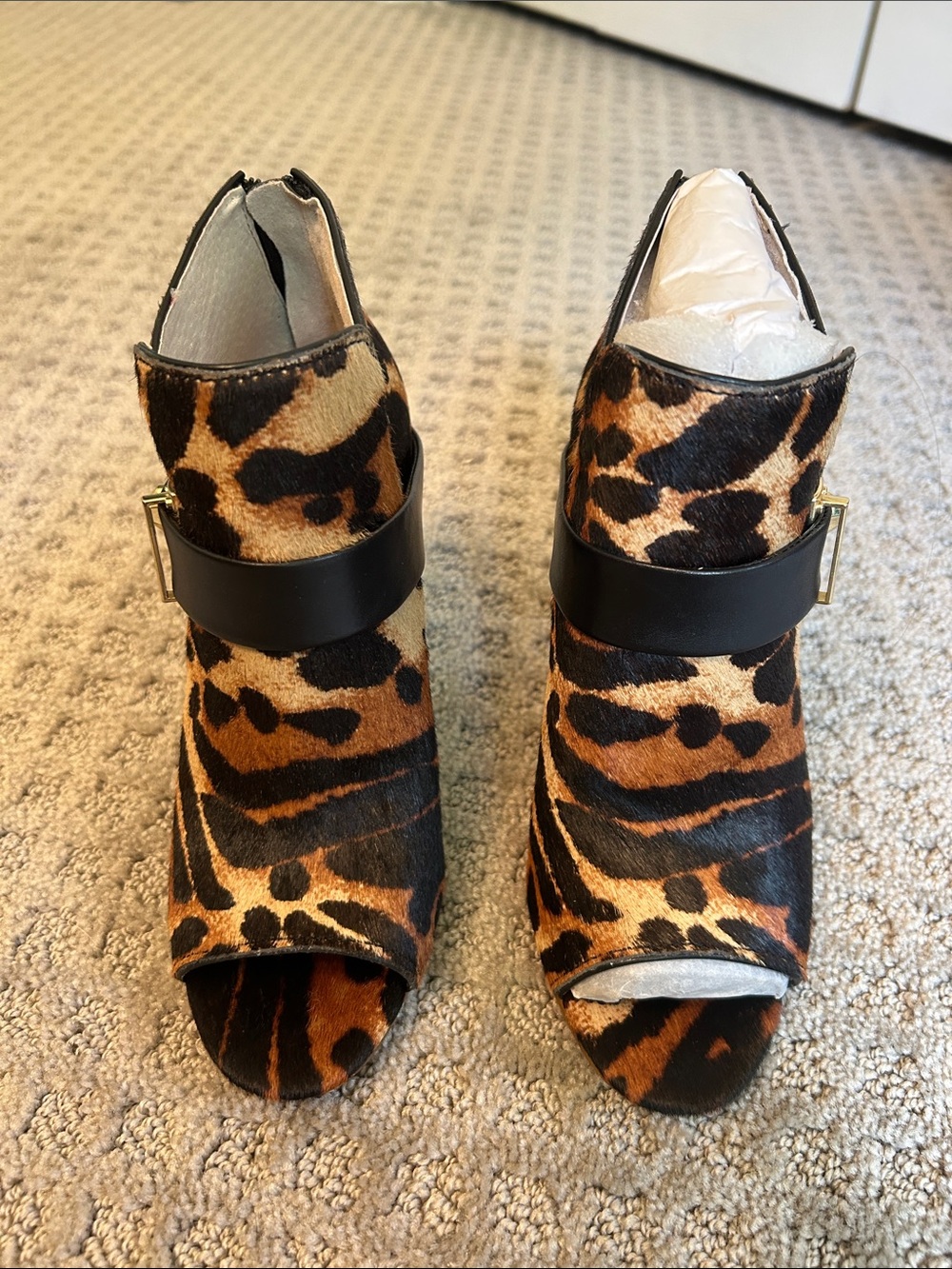 Louise et Cie Leopard Print Peep-Toe Ankle Boot with Black Strap